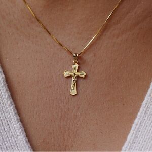 14k Real Yellow Gold Religious Crucifix Charm + 18” Solid Gold Box Chain